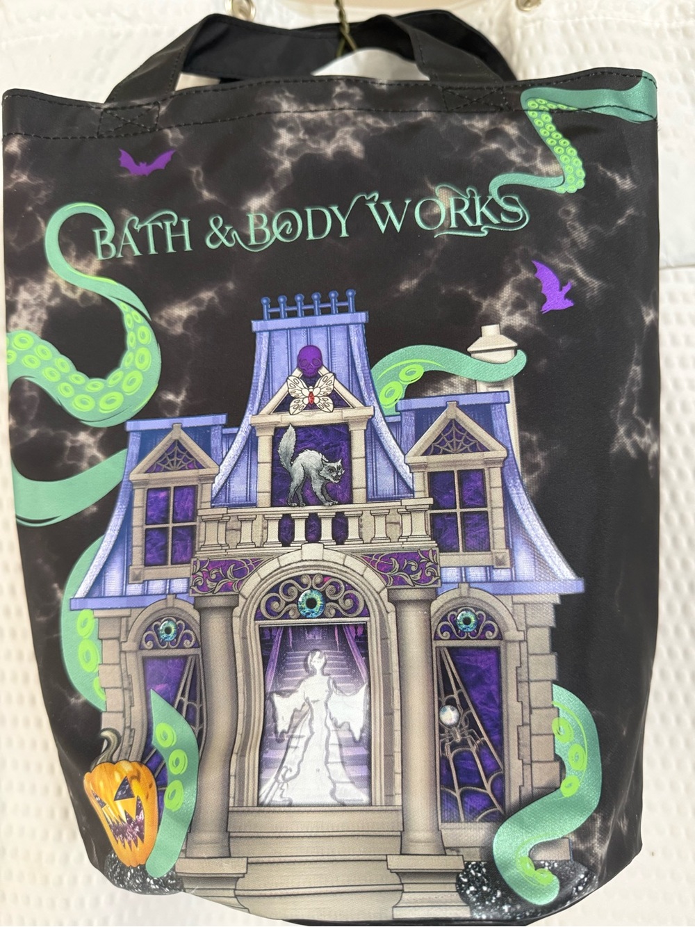 Bath & Body Works Black Tote with Purple Haunted House & Green Tentacles